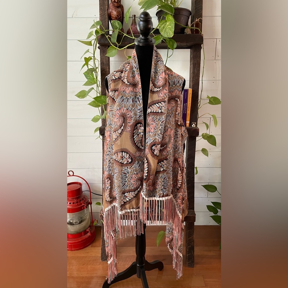 Brown Sheer Vest with Fringe Trim